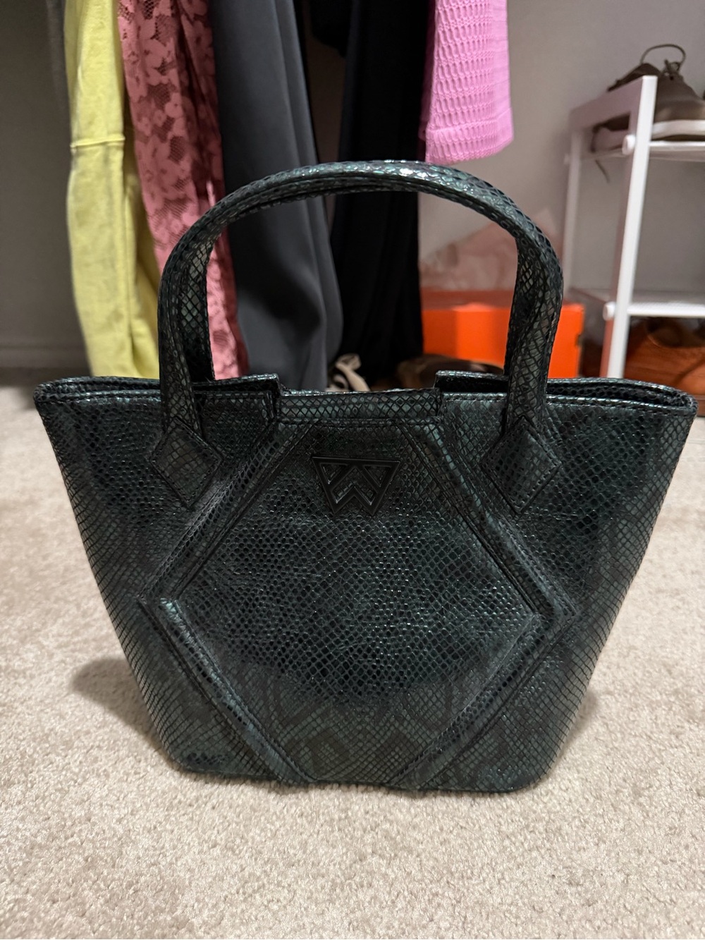 Snake Skin Dark Green Tote with Top Handles